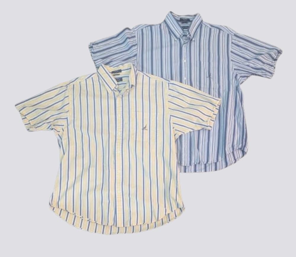 Vintage NAUTICA Lot of 2 Yellow / Blue Striped S/S Casual Fit 90s Shirts Large